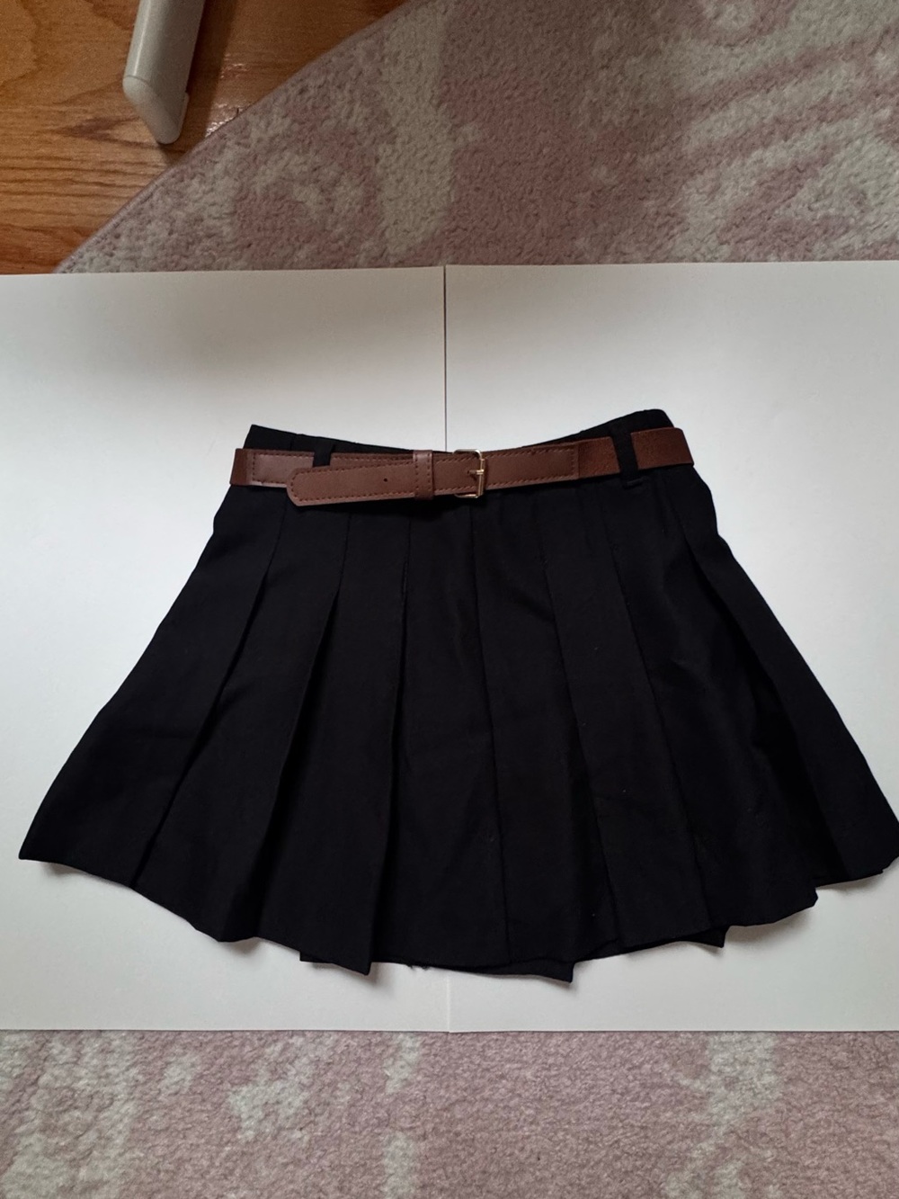 H&M Black Pleated Skater Skirt with Brown Belt